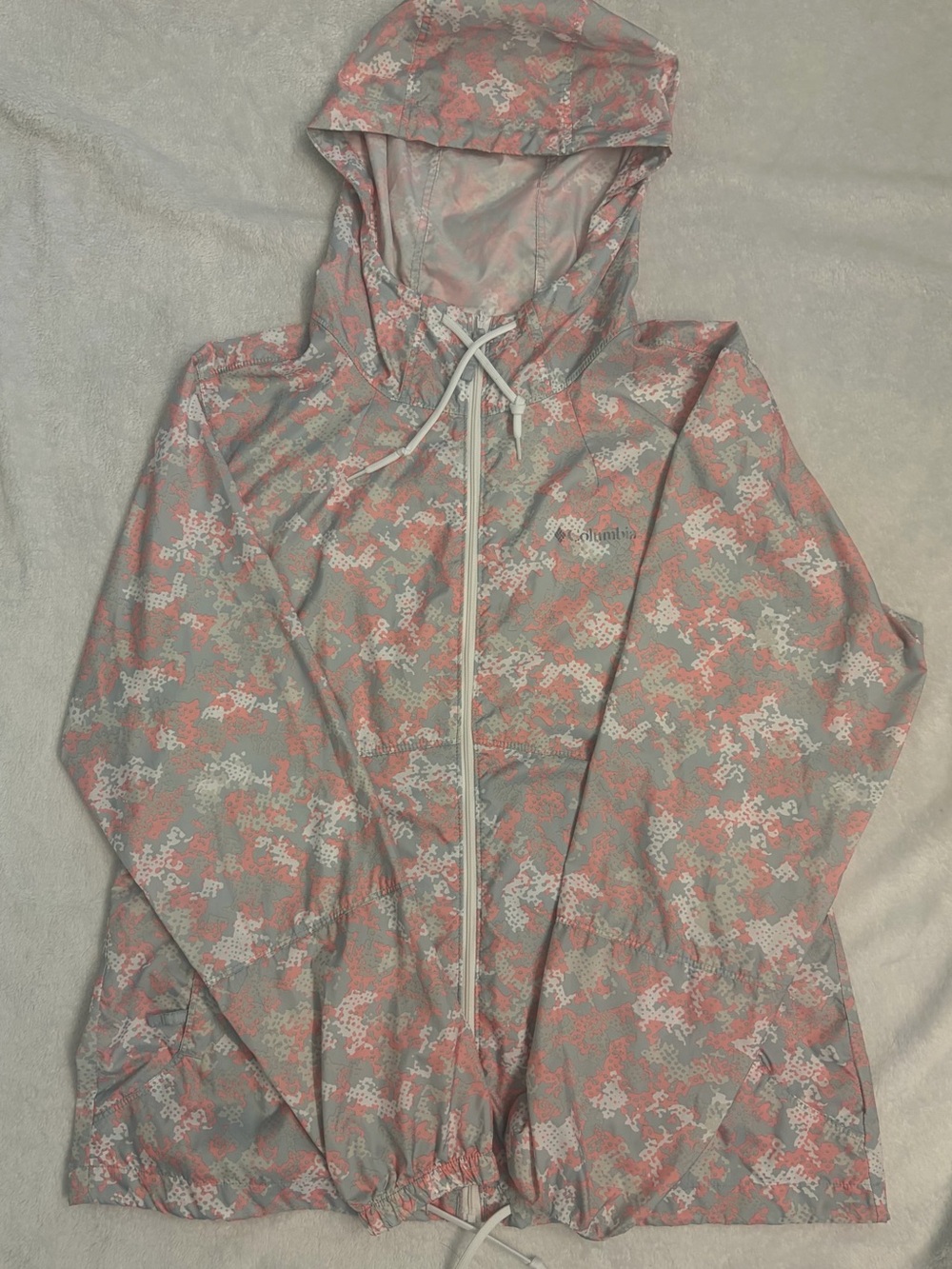 Columbia Women's Pink and Gray Hooded Packable Rain Jacket